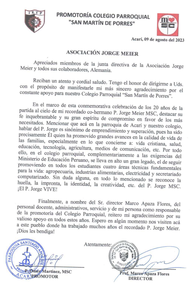 Brief von Pater Omer Martinez, dem derzeitigen Pater in Acari.